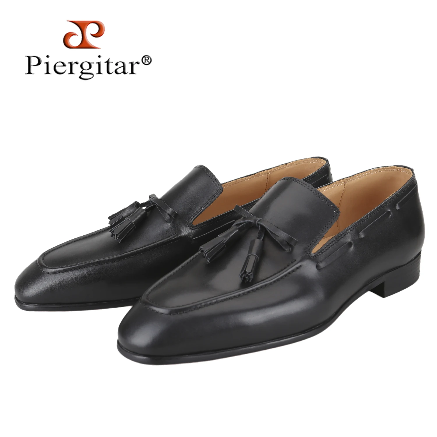 Piergitar Black And Navy Genuine Leather Men's Casual Shoes With Handmade Tassels Classic Style Loafers For Wedding Red Outsole