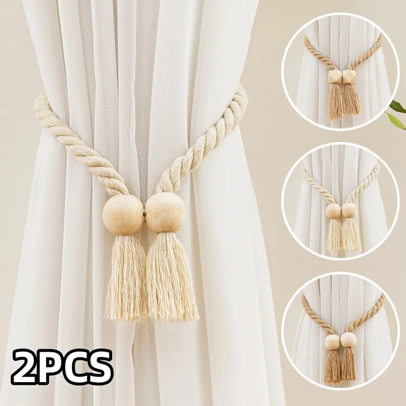 wooden bead designed curtain ties, Bohemian wooden beads paired with tassel design with magnetic curtain fasteners