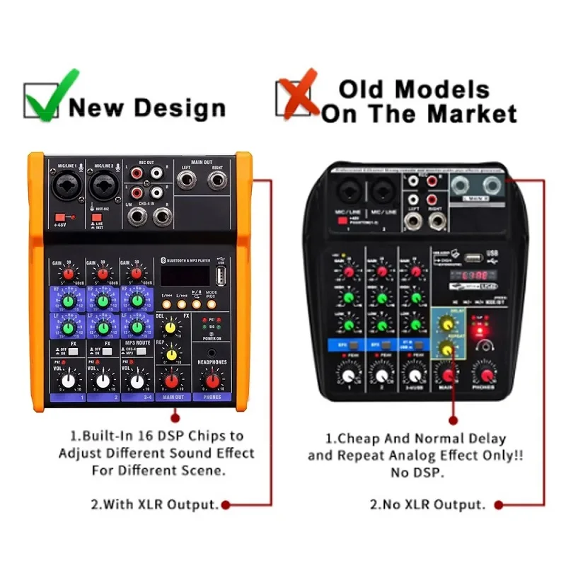 Mini Dj Mixer with UHF Wireless Microphone 4 Channel Four-Channel Audio Bluetooth USB 48V Phantom Power Suitable Recording