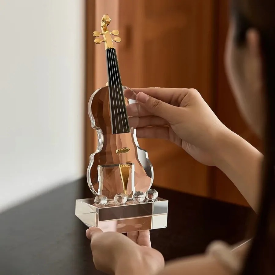 High Transparency Luxury Crystal Violin Figurine With Base Desktop Decor Ornament For Bedroom Entrance Home Office Display Gift