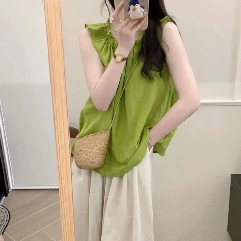 

Модный женский шифоновый топ зеленого цвета авокадо с небольшими рукавами-крылышками, новая летняя кукольная рубашка, модная уличная одежда