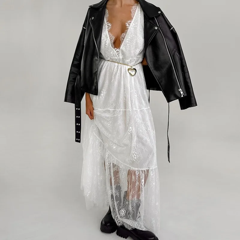 Women V-Neck Spaghetti Strap Black Lace Spliced A-Line Long Hook Flower Hollow Maxi Dress Elegant Summer Holiday Boho Fairycore