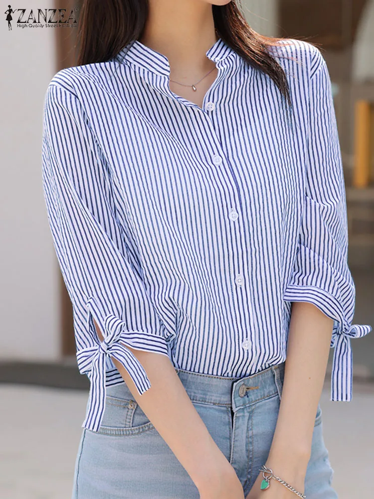 Elegant Shirts Women Fashion Work OL Blouse ZANZEA Summer Striped Printed Shirt 3/4 Sleeve O-Neck Tops Buttons Down Blusas Femme