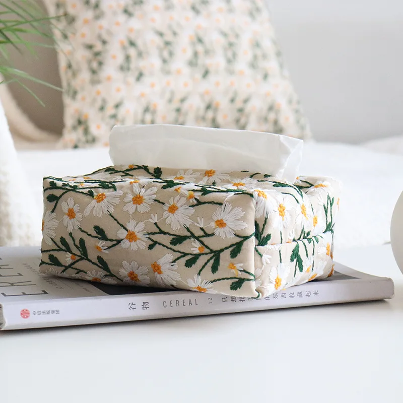 Daisy Tissue Box Living Room Home Coffee Table Paper Drawer New Chinese Napkin Box Set Embroidered Flowers Car Tissue Box