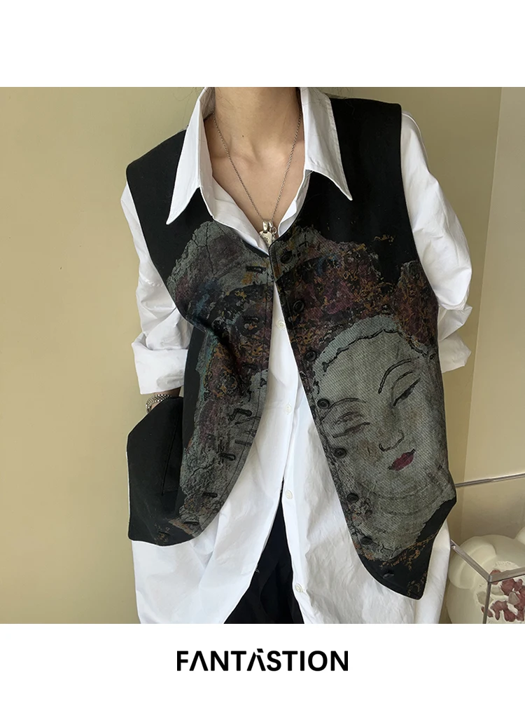 

FANTASTION Buddha's head portrait Vintage style print design Unisex waistcoat vintage casual vests daily suit vest