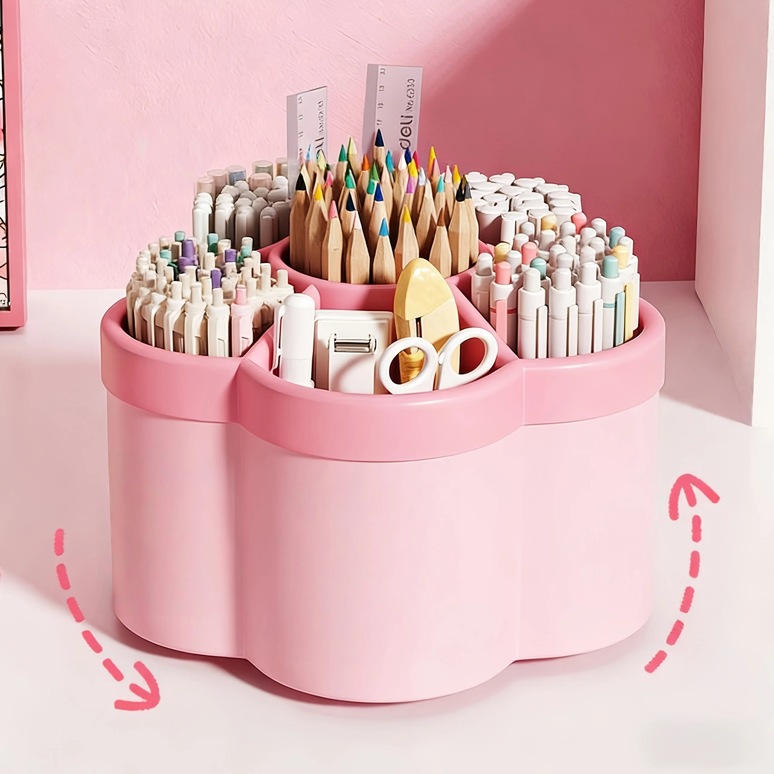 1 Pink Rotatable Pen Holder - 6-Compartment Storage Organizer, 360-Degree Rotating Pencil Cup, Office Supplies Desktop Organizer