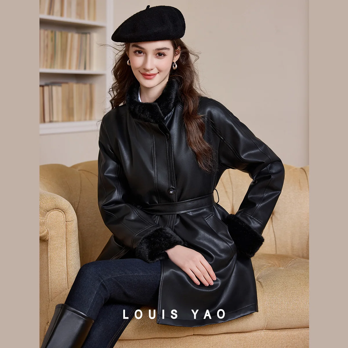 LOUIS YAO Faux Mink Fur Stand Collar Coat 2025 Autumn/Winter Stylish Luxe Faux Fur Mid-Length Overcoat Faux Leather Women's Coat