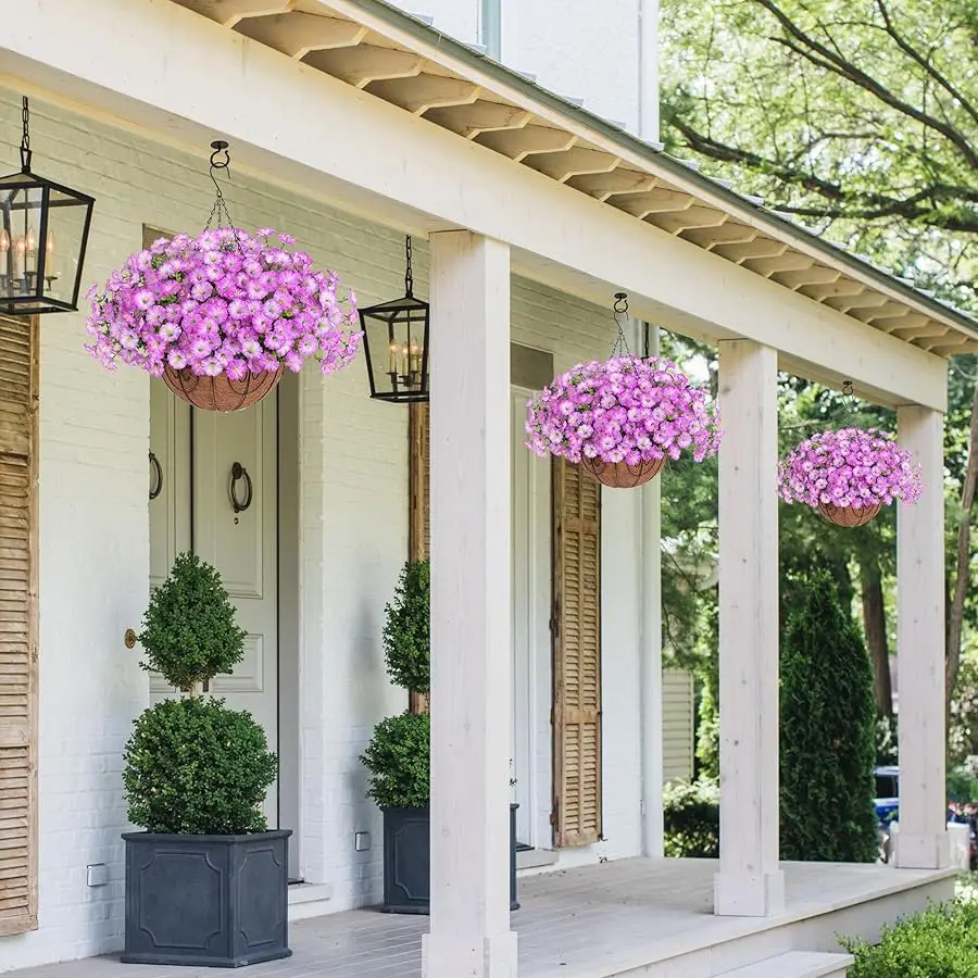 Artificial Fake Hanging Flowers Plants in Basket for Outdoor Decoration, 12 Pcs Faux Morning Glory in Planter Realistic UV Resis