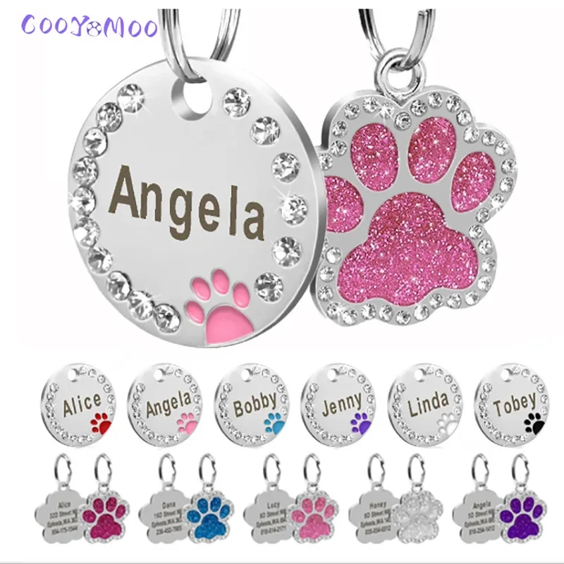Custom Engraved Pet ID Tag for Dogs Cats, Stainless Steel Rhinestone Paw Print Anti-Lost Collar Pendant