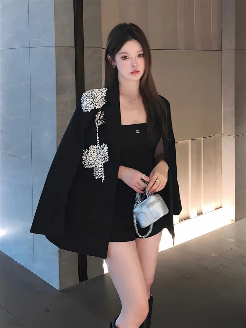 Three Dimensional Flower Inlaid Diamond Slim Fit Suit Jacket For Women Heavy Industry Nail Bead Fashion Temperament Black Blazer