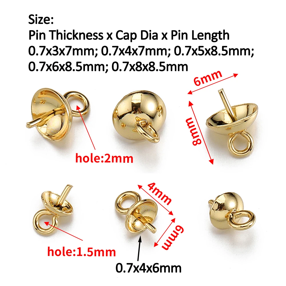 20pcs Stainless Steel Eye Pins Bail Top Drilled Pearl Beads End Caps Gold Color Pendant Charms Connectors for Jewelry Making DIY