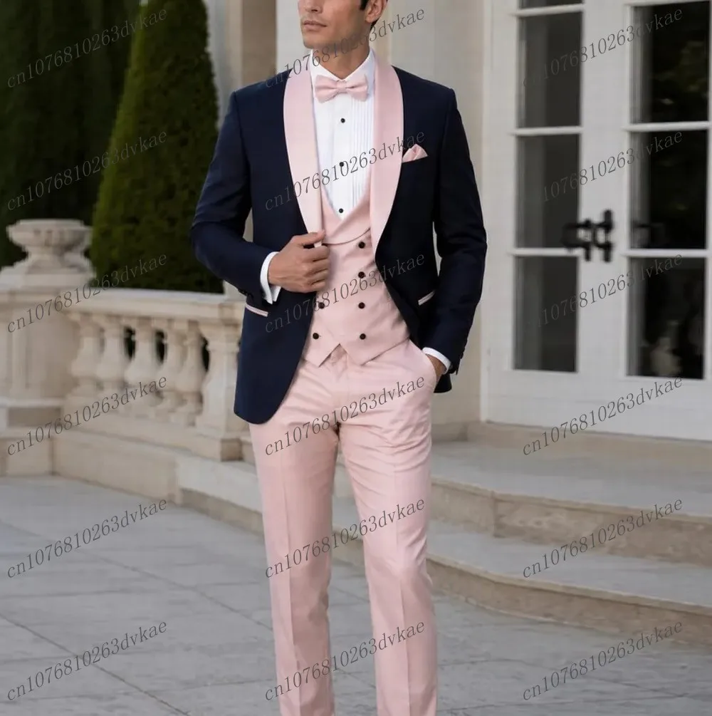 

Formal Pink And Navy Blue Men Suit Wedding Party Groom Groomsman Prom Business Male Tuxedos 3 Piece Set Jacket Vest Pants