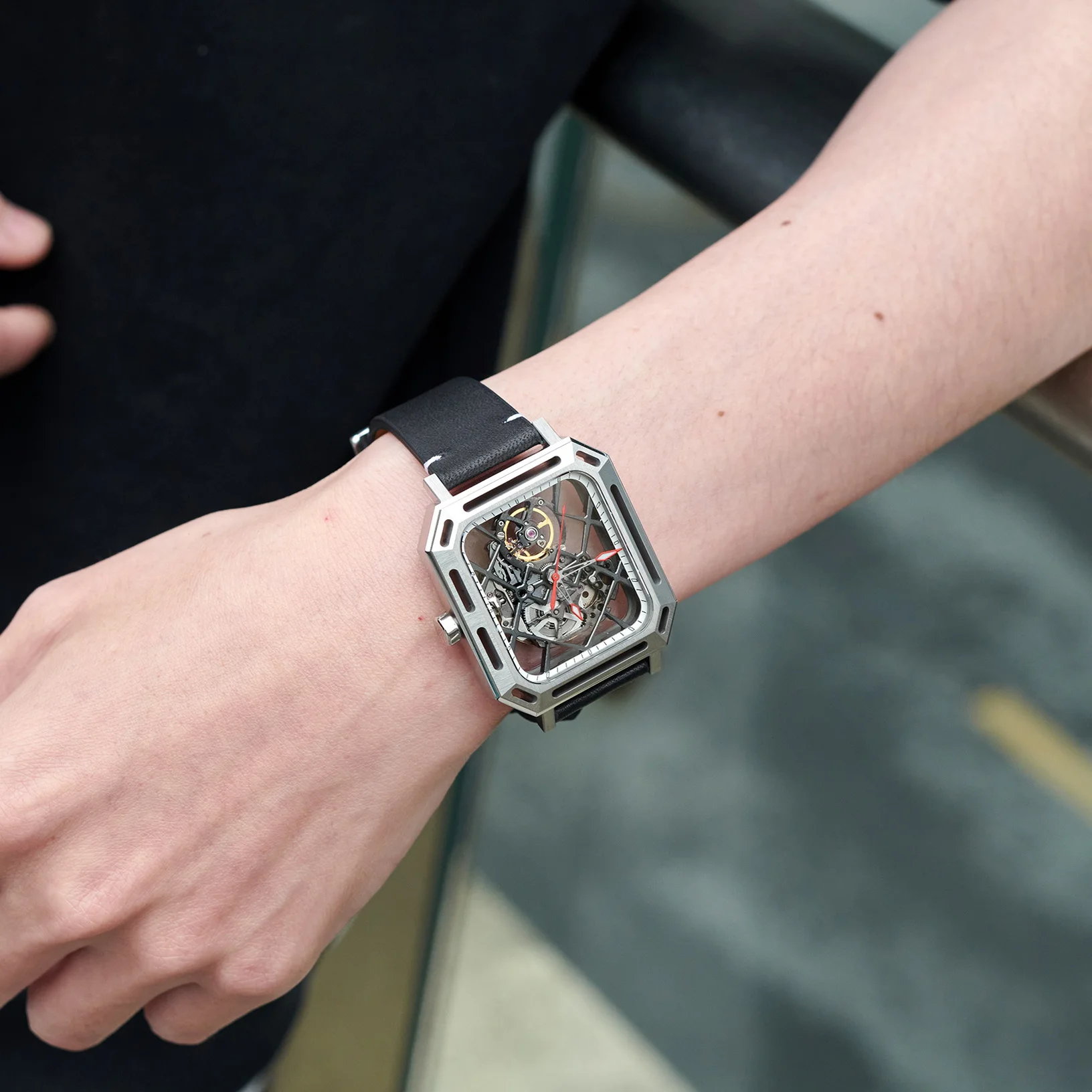 OBLVLO Men Automatic Watch 38MM*42MM Rectangle Mechanical Wristwatch Waterproof Sapphire Luminous Skeleton Dial