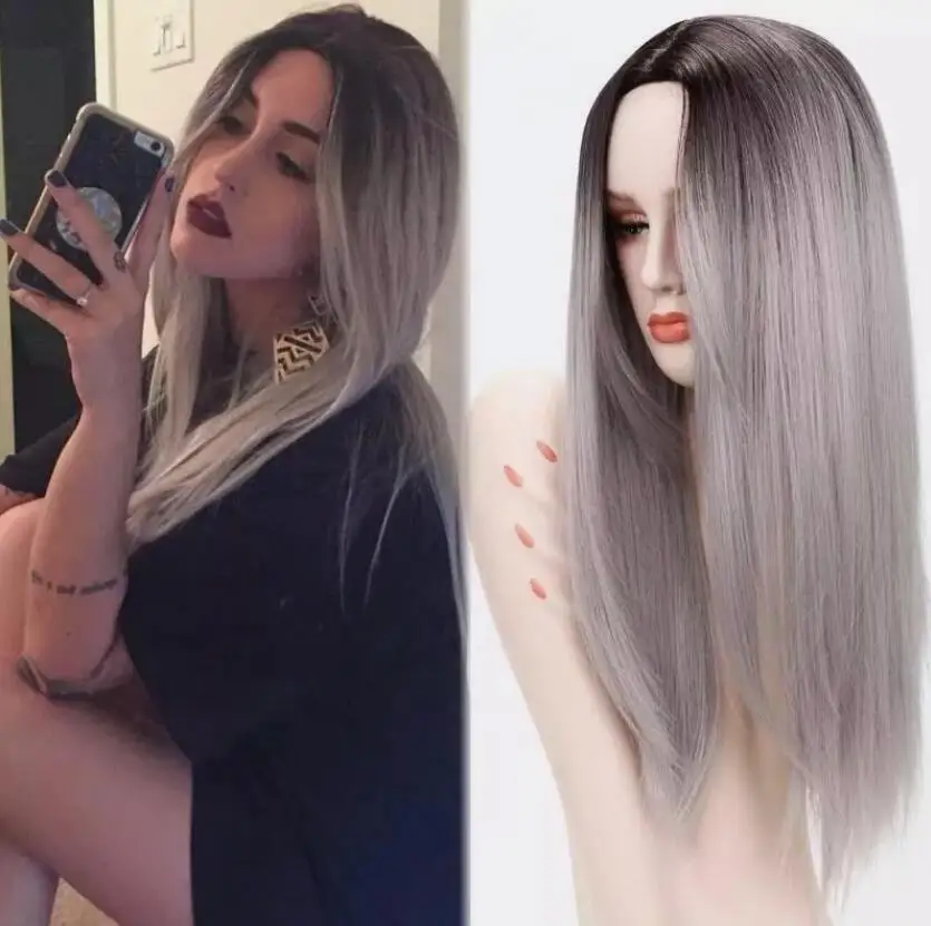 Mulheres Ombre cinza escuro raiz peruca de cabelo sintético, perucas de festa, fantasia perucas, sedoso, macio