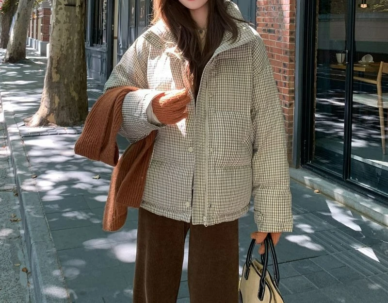 

Винтажная хлопковая куртка в клетку, новинка зимы 2025 года, короткая куртка-пуховик с воротником-стойкой, утолщенное пальто