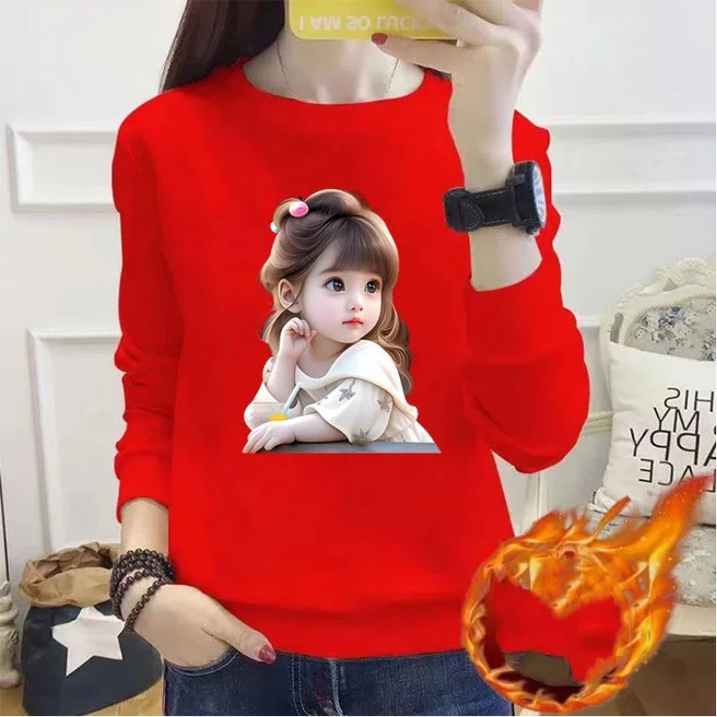 Autumn Winter Geometric Letter Printing Round Neck Character Flocking Pullover Lantern Long Sleeve Women's Clothing Elegant Tops
