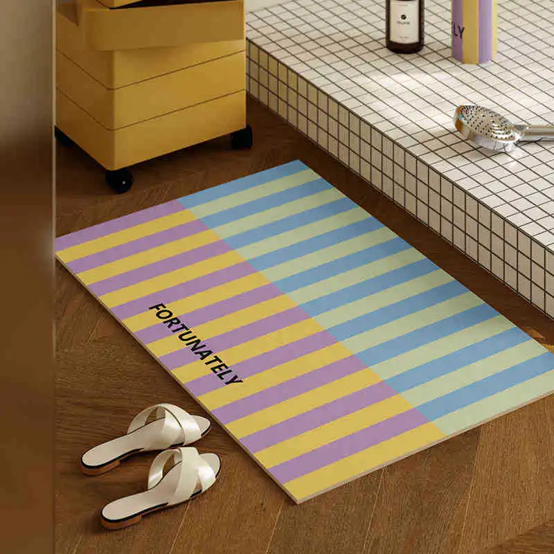Pastel Rainbow Stripe Diatomite Bath Mat Super Absorbent Quick-Dry Non-slip for Bathroom Floor Kitchen Countertop & Balcony