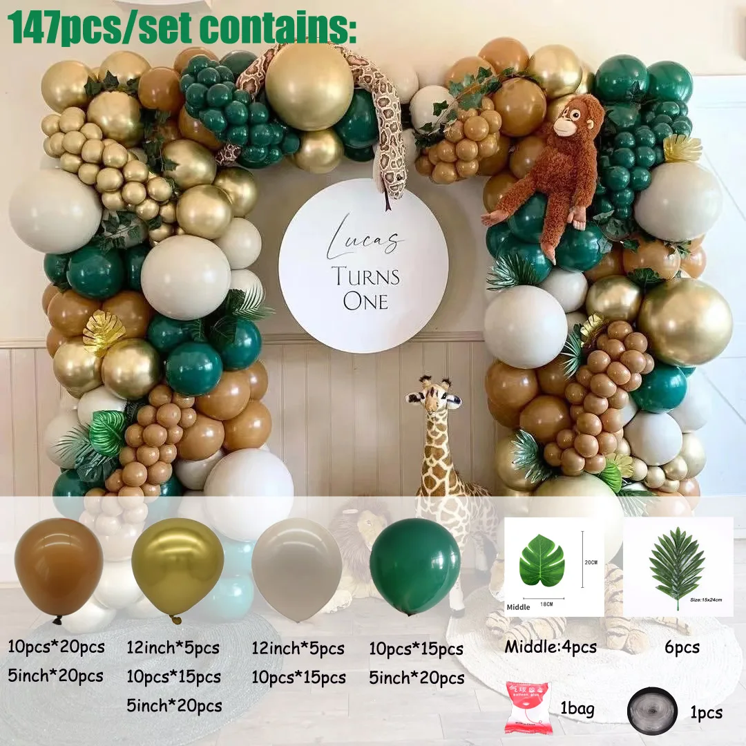 147pcs Jungle Animal Balloon Garland Arch Kit 1st Birthday Party Decoration Retro Green Sand White Balloons Baby Shower Safari