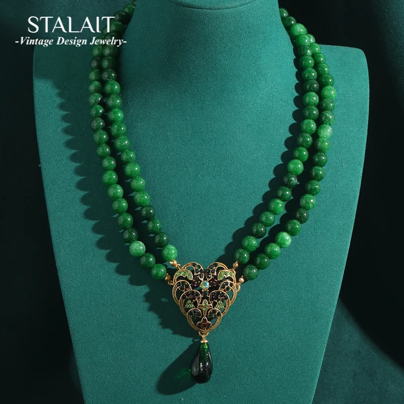 

Heart Pendant Layered Necklaces Vintage Emerald Jade Beaded Chain Summer Genuine Natural Stone Women'S Accessories 2025 Trends