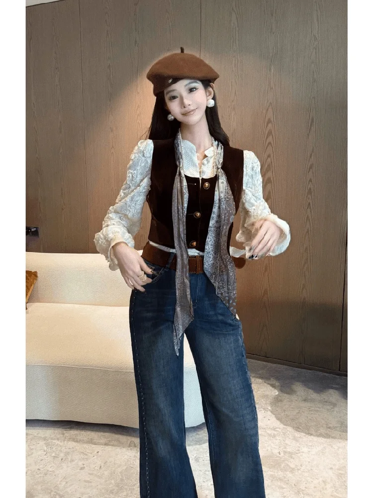 

Комплект Ele Lace для женщин: топ с металлическими элементами и многослойная накидка, модный трендовый комплект в стиле Old Money