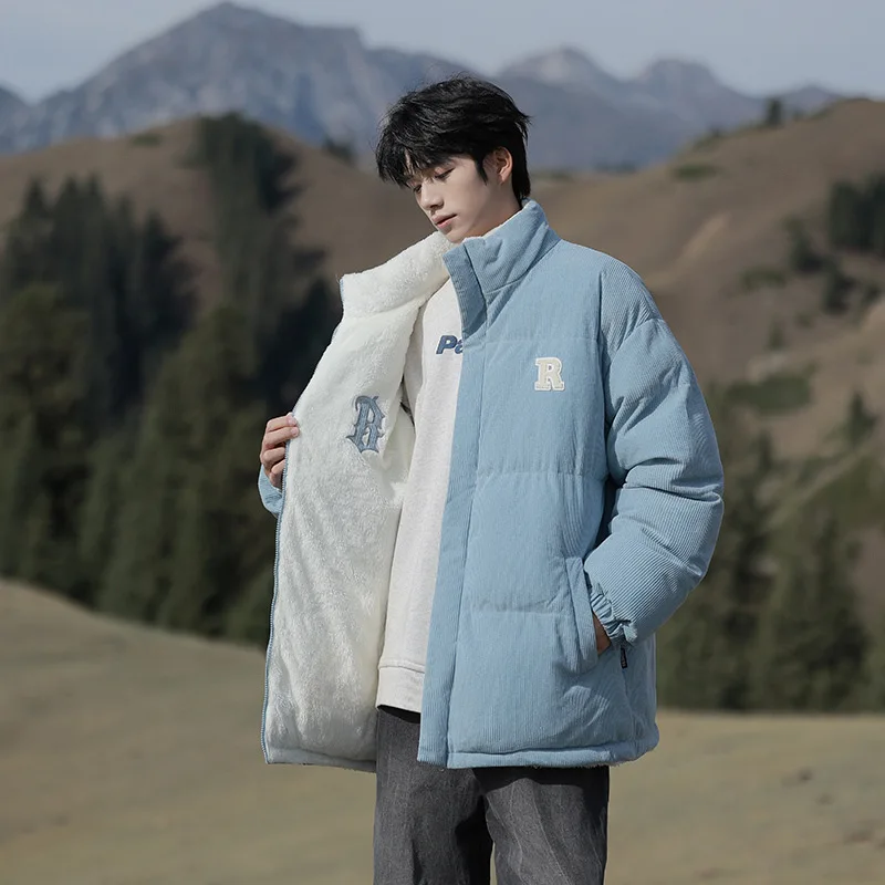 

Мужская парка из флиса, парки с длинным рукавом и воротником-стойкой, куртки с буквенными карманами на молнии, свободная посадка, повседневная теплая верхняя одежда 2025