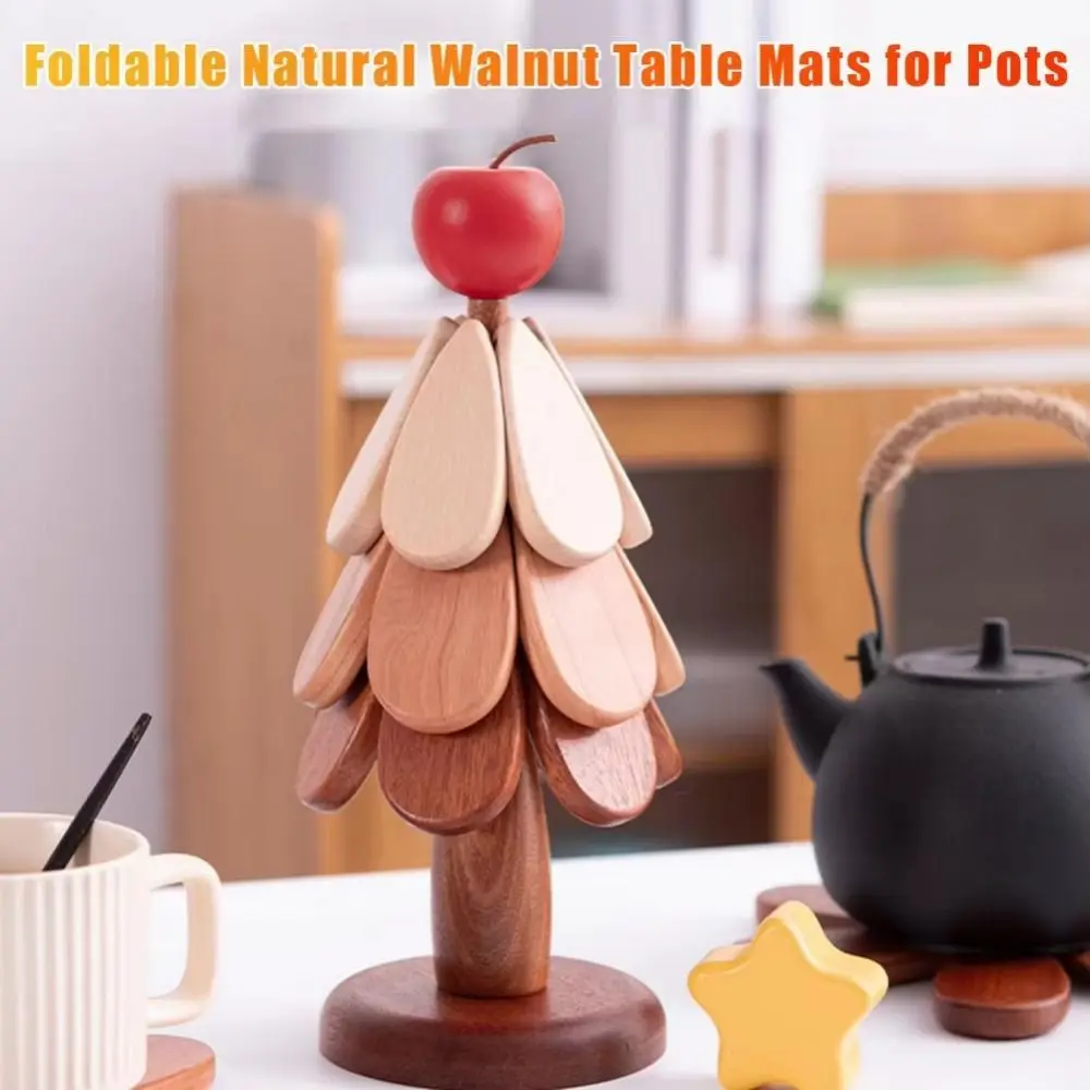 Creative Heat Resistant Walnut Wooden Trivets Decorative Solid Wood Foldable Table Mats Reusable Anti Scald Hot Pot Holders Pots