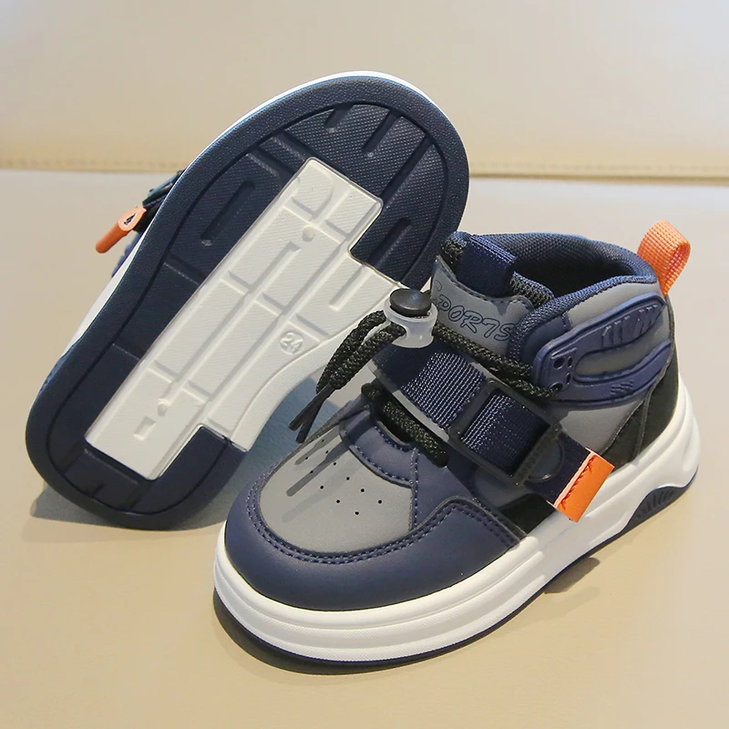 Comfy Kids Boys and Girls Navy Blue and Gray Color-Blocked High-Top Sneakers, Breathable Mesh Surface with Rotating Buckle and Velcro, Wear-Resistant, Grip-Enhancing, Lightweight Children's Shoes, Suitable for Spring and Autumn, for Older Children, Students, Daily School Wear, Outings, Versatile Casual Shoes
