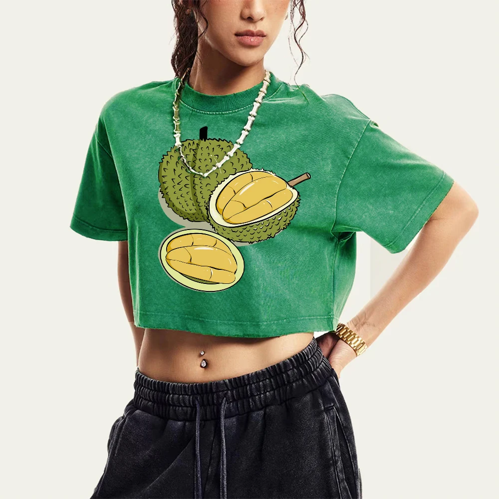 

Delicious Durian Opened Print Washed T-Shirt Women Slim Y2K Crop Tee Shirts Cotton Summer Tops All-Match Short Sleeve Female