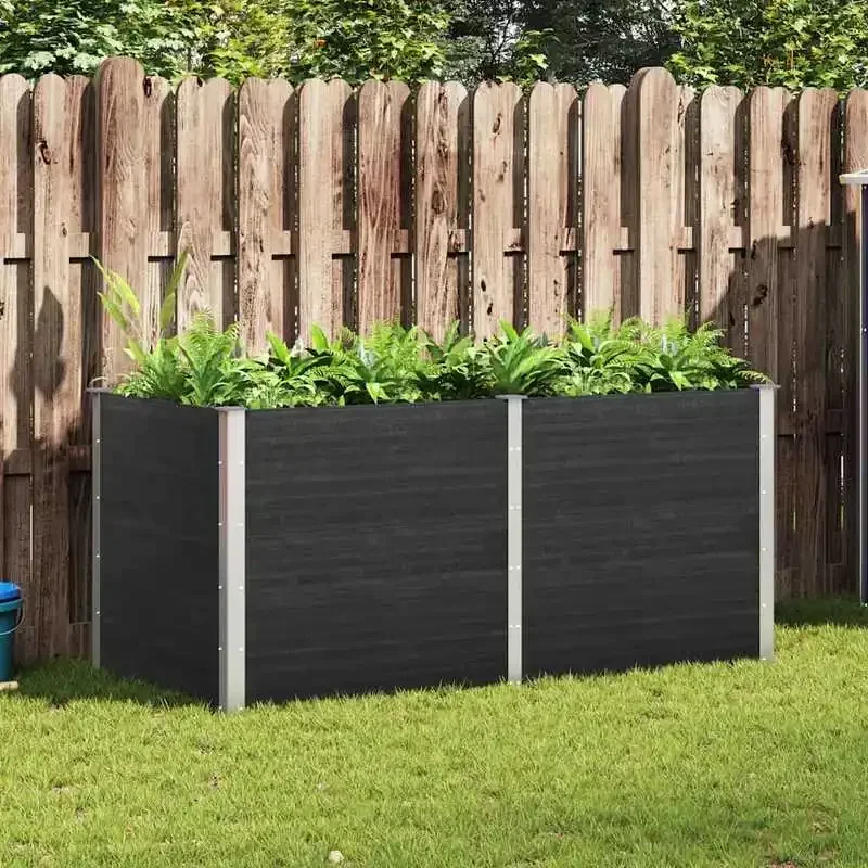 Bac à plantes surélevé de jardin 200x100x91 cm en WPC gris, jardinière en acier résistant aux intempéries au look rustique, durable pour la culture d'herbes aromatiques, de légumes et de plantes ornementales dans la cour ou sur la terrasse.