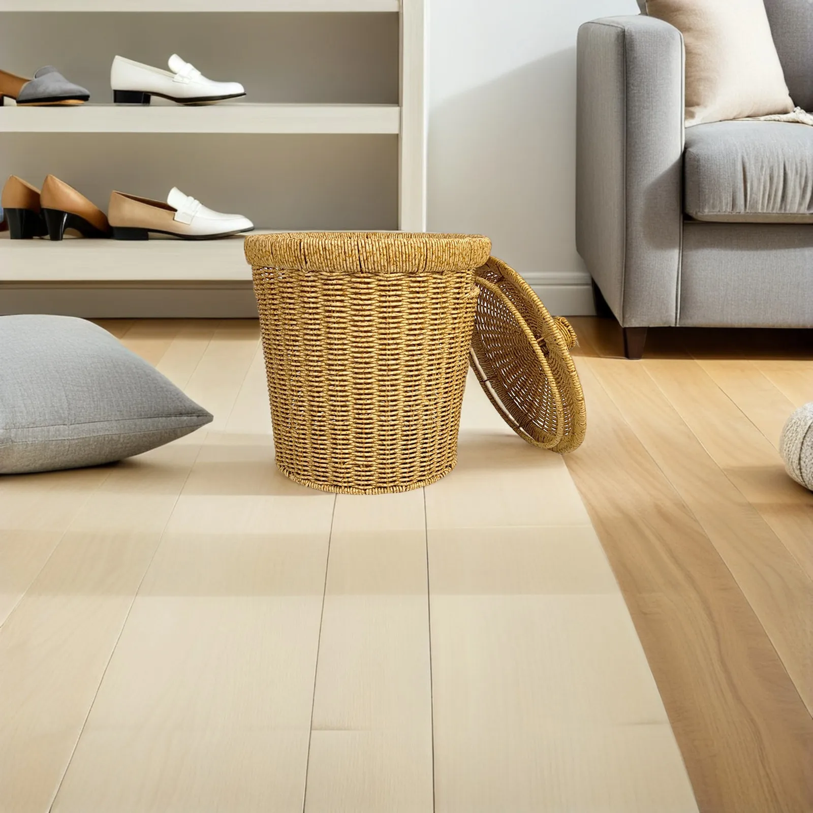 

Корзина для мусора из искусственного ротанга, круглая плетеная корзина для отходов, контейнер для мусора ручной работы, современный дизайн для ванной, кухни, спальни