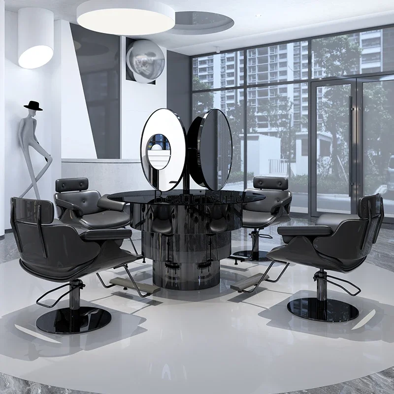 06Barber Shop Dressing Table Stainless Steel Glass Table Four-Side Mirror Integrated Hair Salon