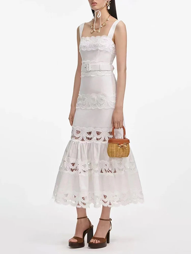 Sexy pescoço quadrado oco para fora vestido longo feminino branco sem mangas cortar rendas a linha vestidos de festa à noite