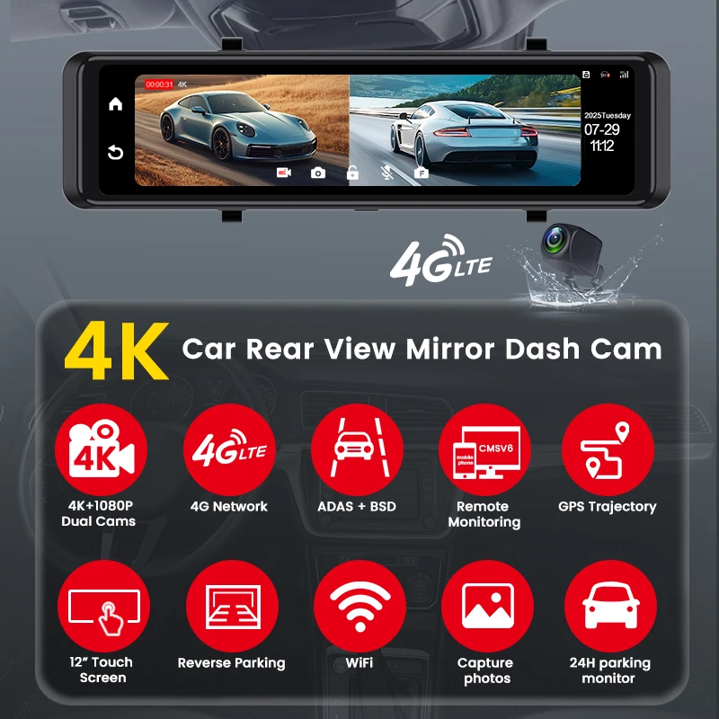 4K+4G 3840*2160P 12 Inch Car DVR Dash Cam WIFI GPS APP Rear View Mirror 1080P Car Camer, WDR,APP WIFI Super Night Vision