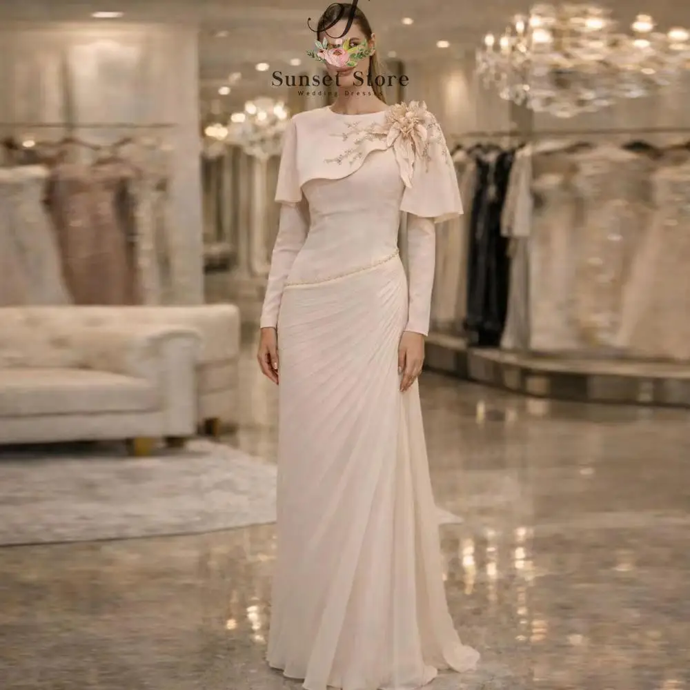Customized  Elegant Evening Dress with Short Cape Long Sleeve Formal Party Gown Pleated Mermaid Wedding Guest Dresses