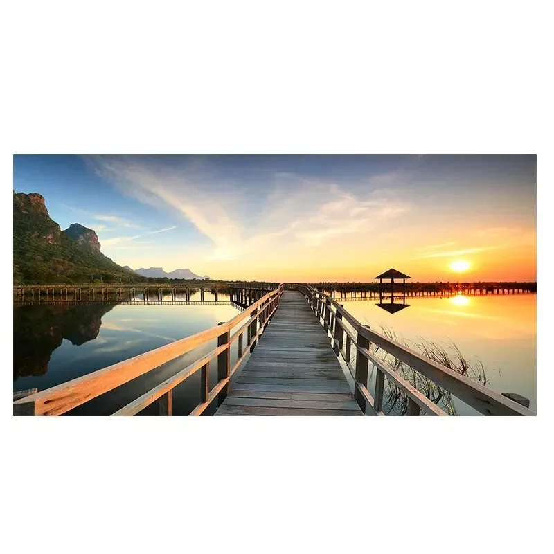 

Sunsets Bridge Wooden Lake Landscape, Art Print Silk Poster Home Wall Decor