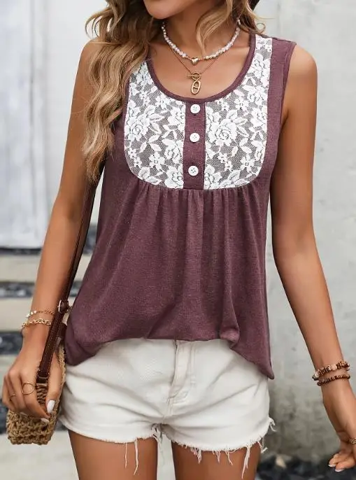

Fashionable Summer Casual Sleeveless Patchwork Printed Button Top with Lace Patchwork Button Design Sleeveless Vest Top