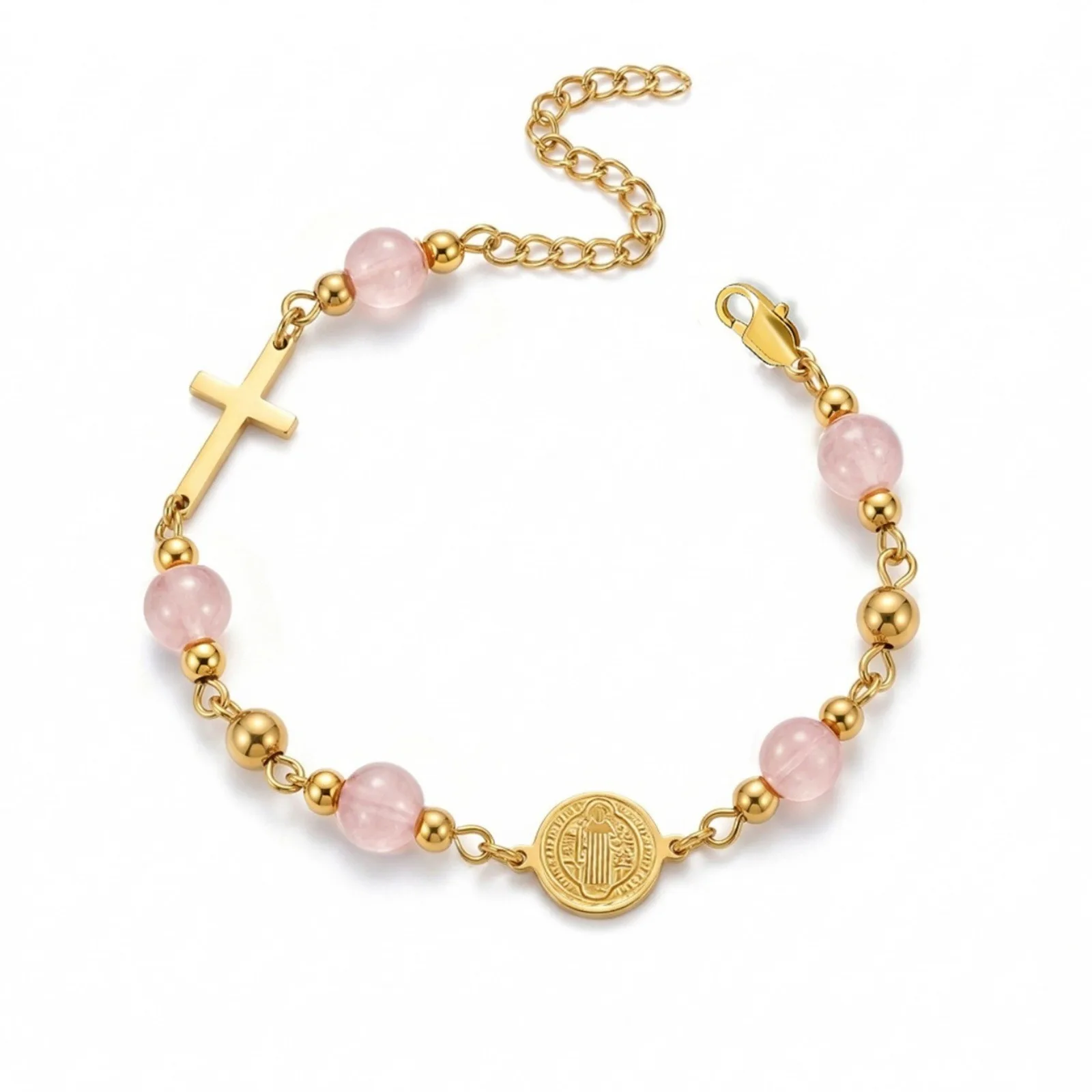 1 Stück religiöses mehrfarbiges Steinperlenarmband mit Kreuz-Jesus-Anhängern, 304 Edelstahl, 18K vergoldet, Geschenk für Frauen, Großhandel – Detail 7