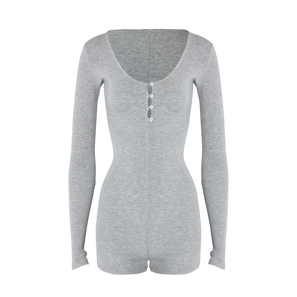 Women Yoga Jumpsuits Long Sleeve Button Slim Fit Stretch One Piece Short Playsuits Romper Sexy Leggings Home Clothes Thumb Clasp - view 4