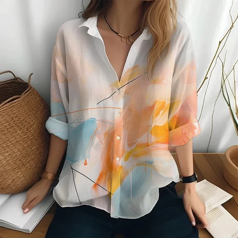 2024 New Business Women\'s Shirt Long Sleeve Solid Color Printed Collar Pocket Daily Beach Vacation Comfortable Top