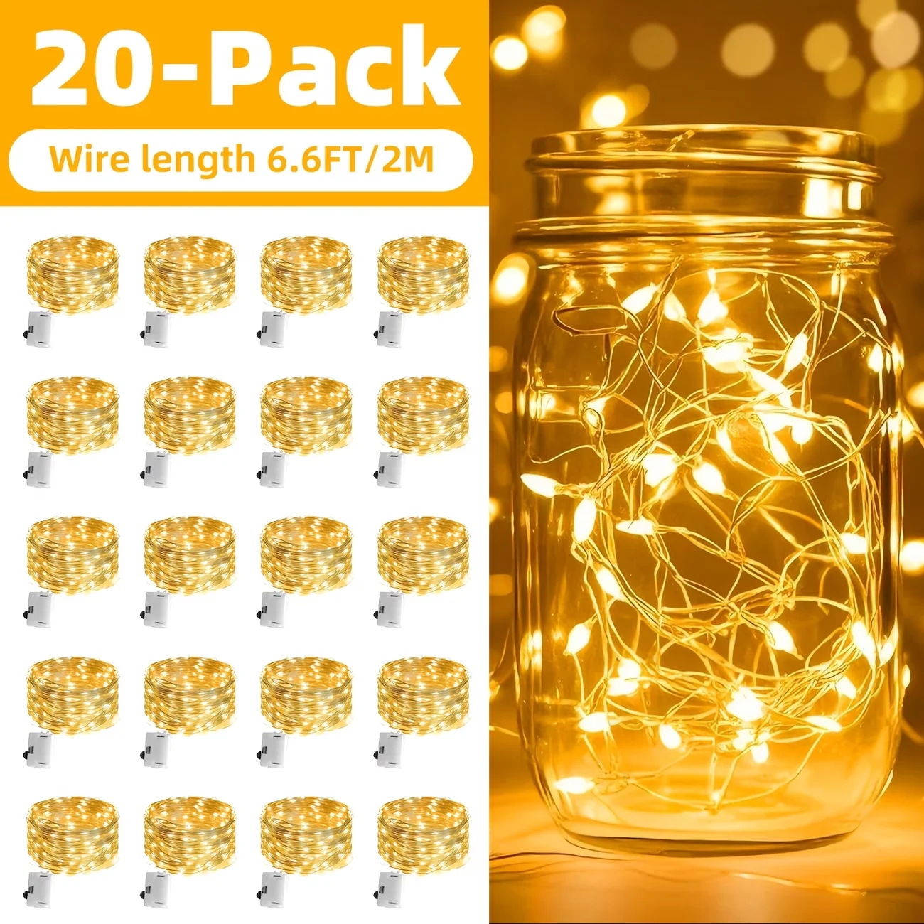 Paquete de 20 mini luces de hadas con pilas, luces LED de alambre de cobre, perfectas para tarros Mason, jarrones, decoración de fiestas y bodas DIY