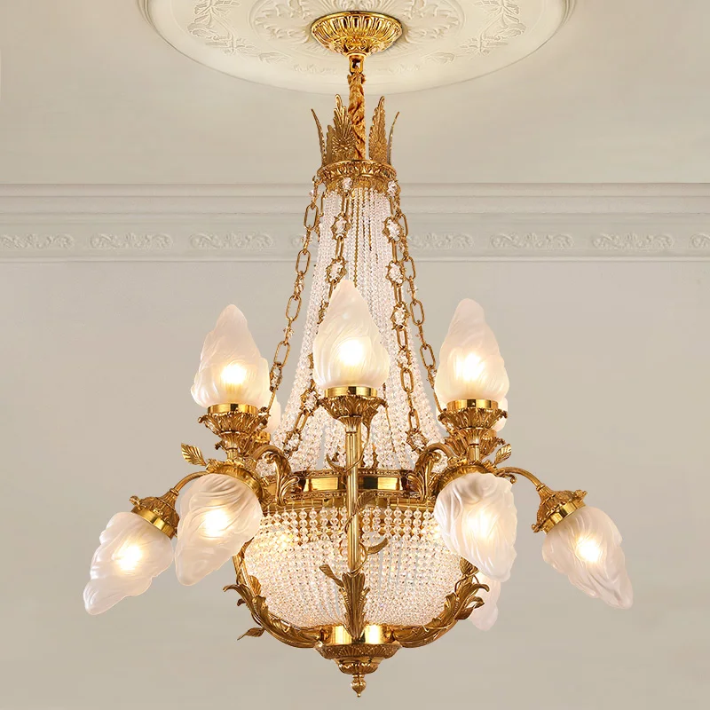 French High Ceiling Lobby Large Crystal Chandelier Villa Copper Lamp European Luxury Hall Brass Pendant Light