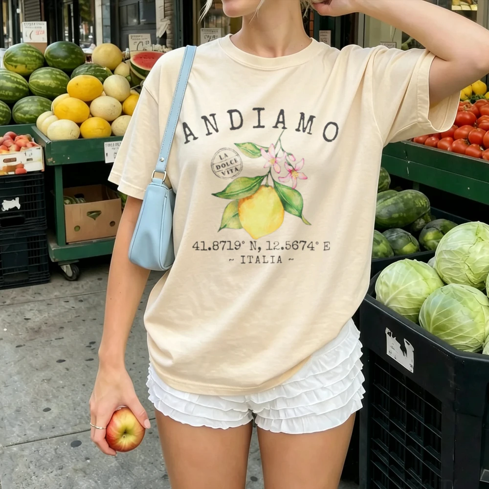 Andiamo Italia Geographic Coordinates Watercolor Lemon Blossom Stamp Graphic Print Women Cotton Mediterranean Countryside Tees