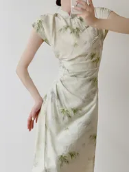 Women Improved Cheongsam 2023 New  Short Sleeve Vintage Elegant Waist Fold Long Dress Chinese Style Wedding Fashion Dress