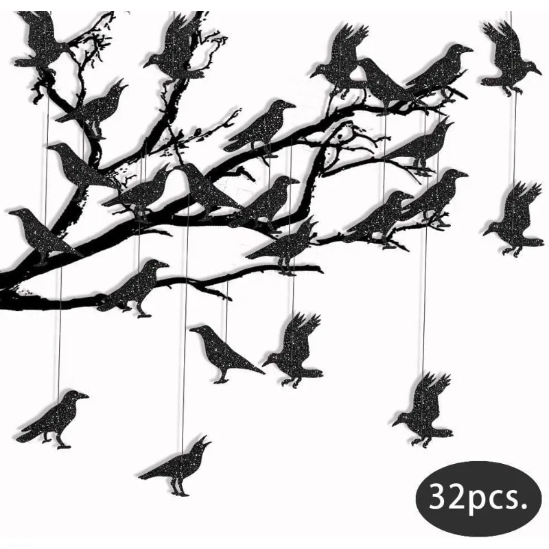 32Pcs Glitter Black Crow Raven Banner Halloween Hanging Paper Bird Bunting Flags Garland Kids Happy Halloween Party Decorations