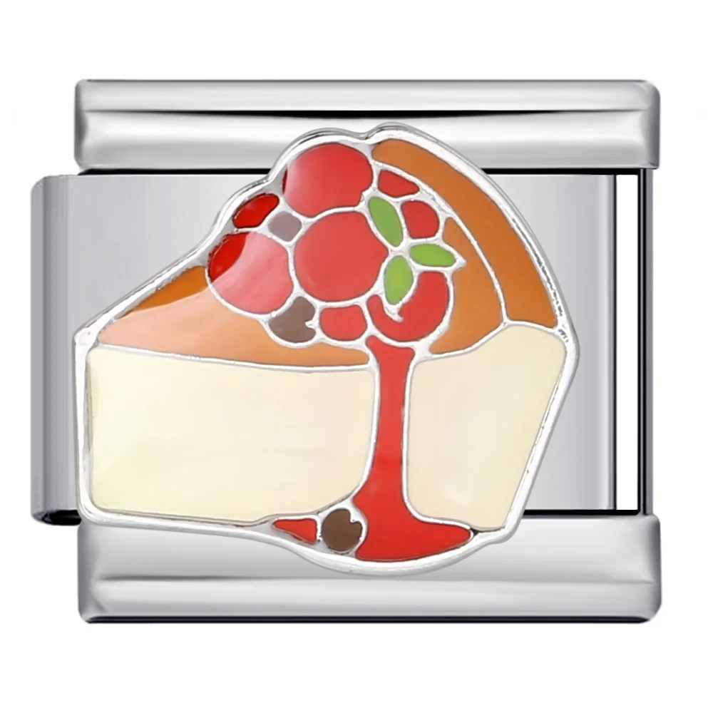 Zarte und farbenfrohe Erdbeer-Käsekuchen-Perlen im italienischen Charm-Stil, passend für 9-mm-Edelstahlarmbänder, zum Selbermachen, ideal als Geschenk. – Detail 2