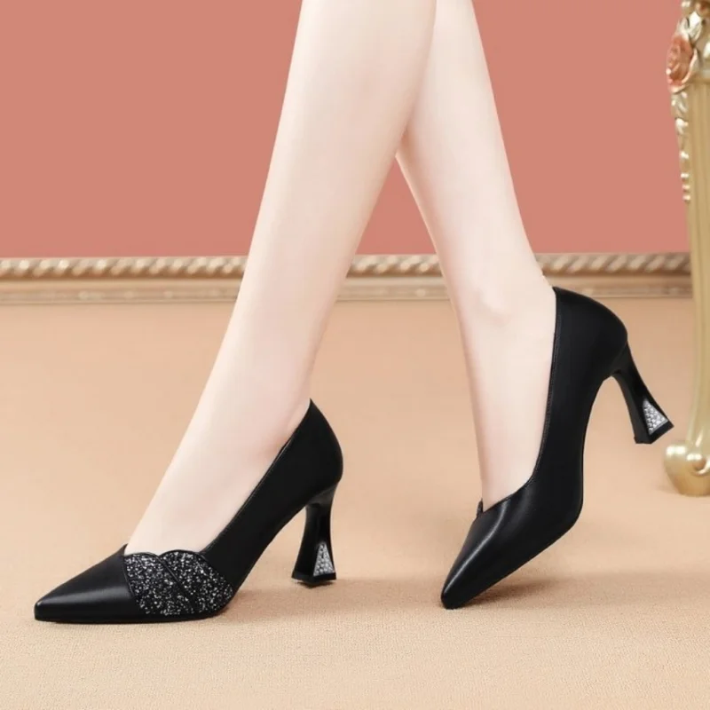 Women's Pointed Toe Block Heel Pumps, Glitter Sequin Rhinestone Heel Dress Shoes for Wedding Party & Office