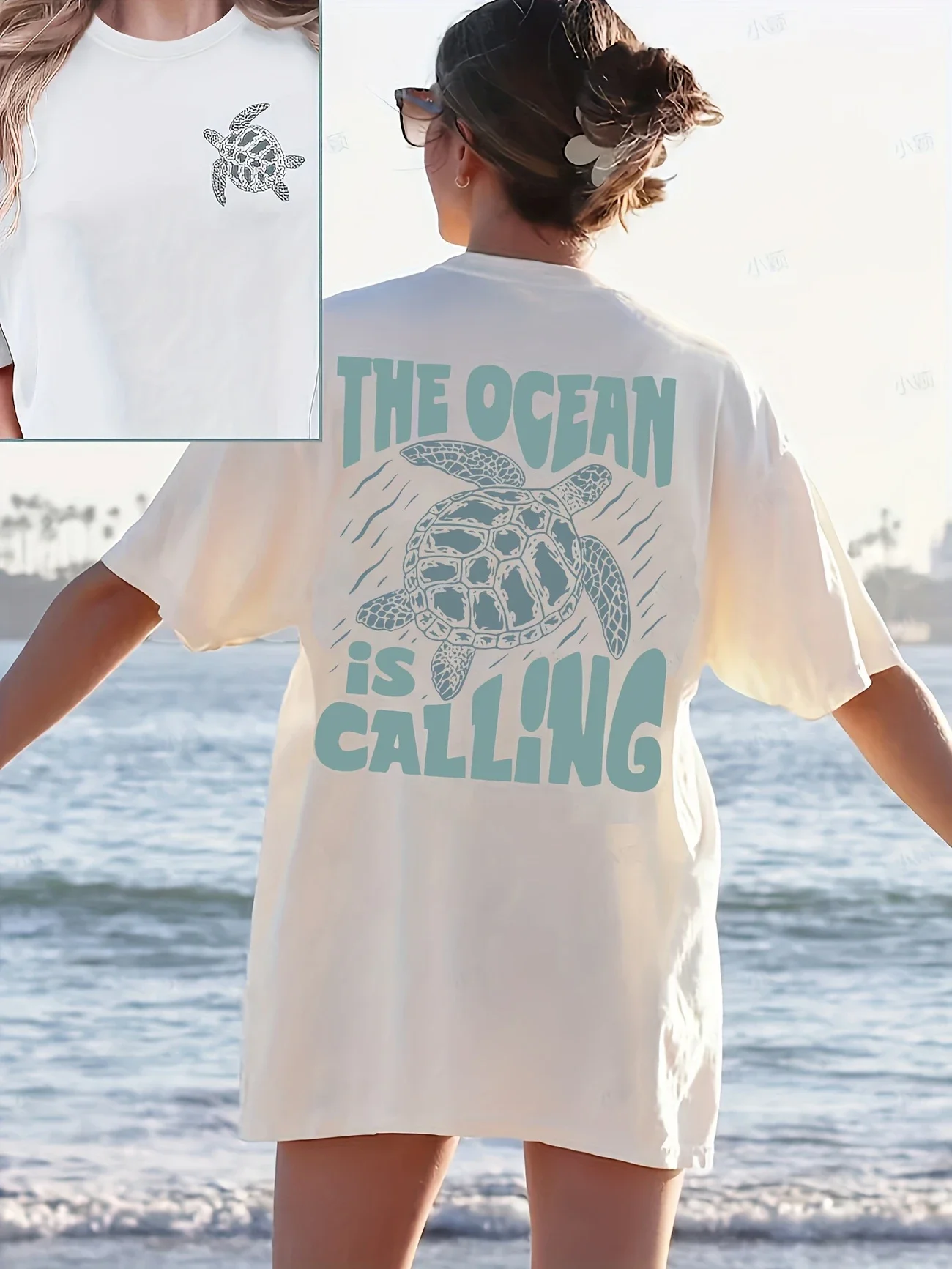 

Plus - Size Ocean - themed Graphic Tee, Light - colored Short - Sleeve with Sea Turtle Print