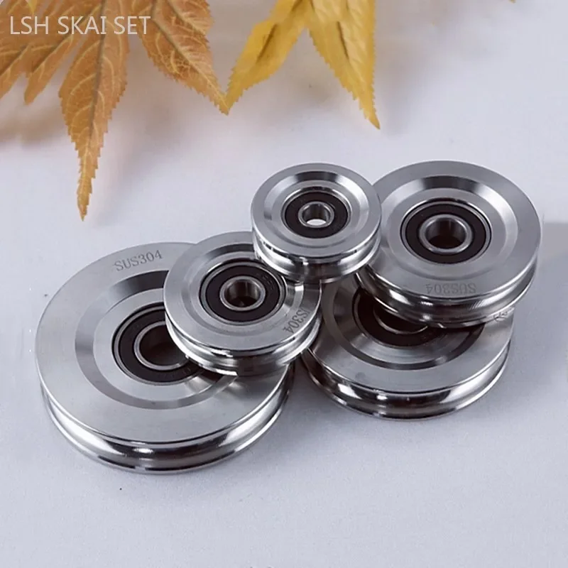 1pc 304 Stainless Steel Pulley U-shaped Track Wire Rope Lifting Wheel Mute Ball Bearing Pulleys Handling Tool Furniture Roller