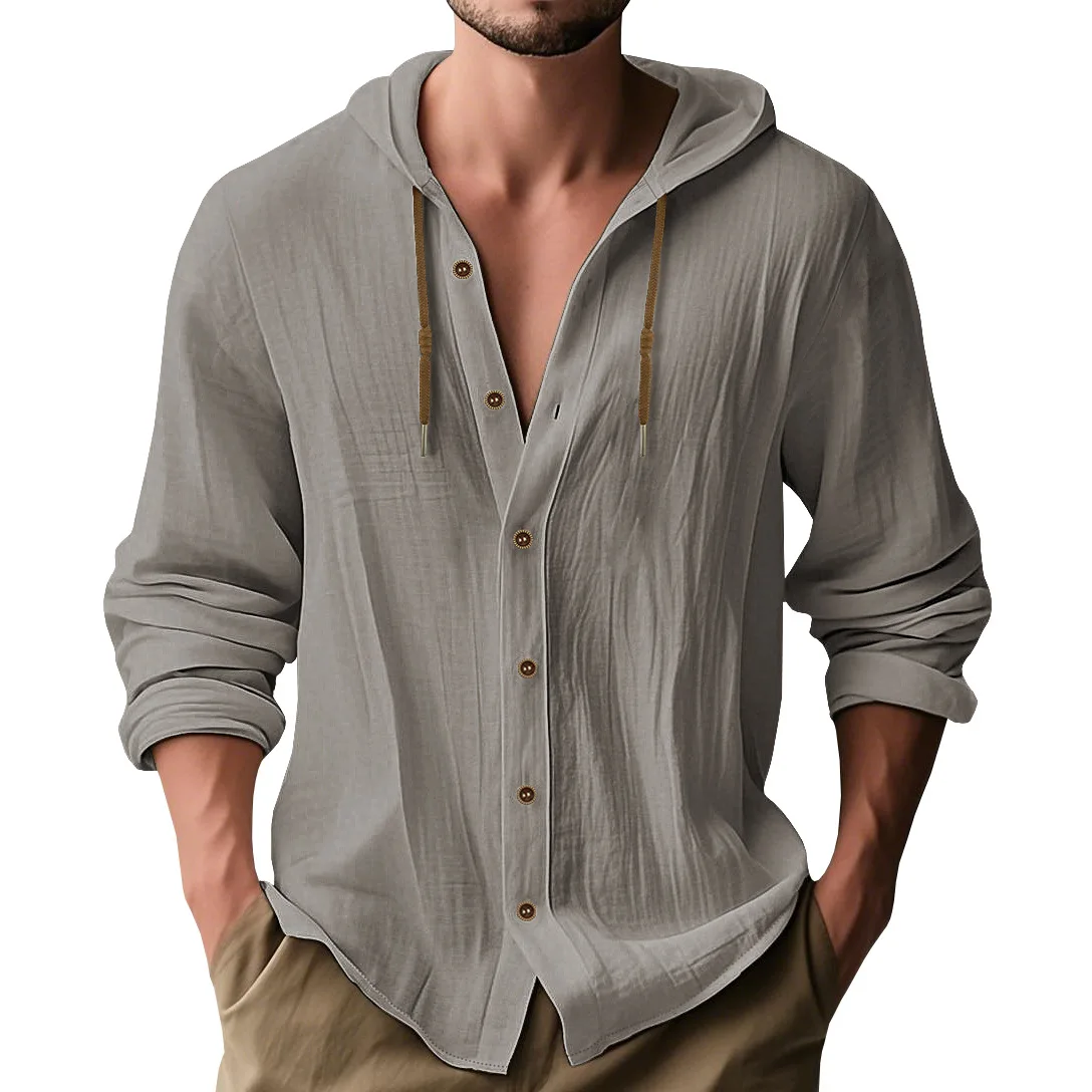 Cross-border hot sale cotton and linen men's sports and leisure long-sleeved shirt hooded fashion high quality trend versatile