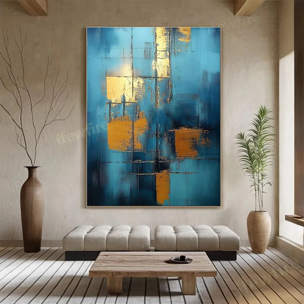 

100% hand drawn blue gold foil abstract oil painting original wall painting home living room decoration paint interior aesthetic
